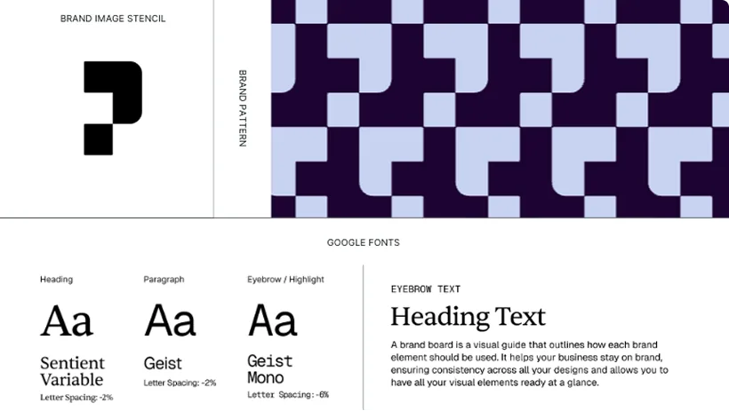 Brand identity system showing pattern, typography, and colour palette