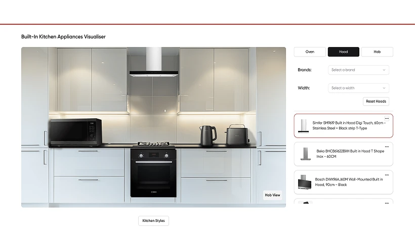 Built-in kitchen appliances visualiser interface